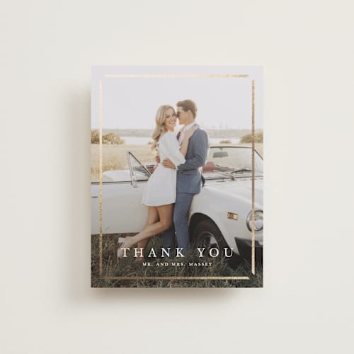 This is a dusty blue wedding thank you cards with foil pressed by Stacey Meacham called elegant bevel printing on recycled smooth signature in standard