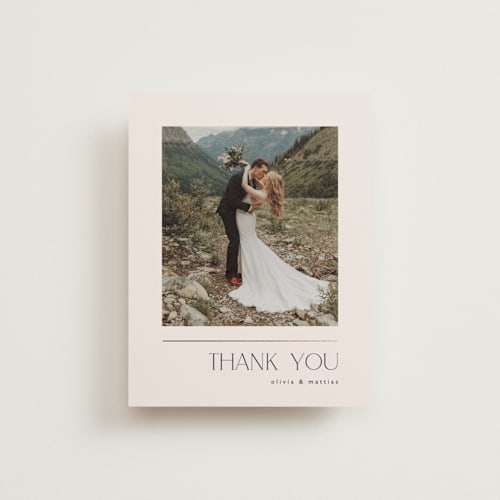 This is a linen wedding thank you cards with foil pressed by Kelly Schmidt called modern corner printing on recycled smooth signature in standard