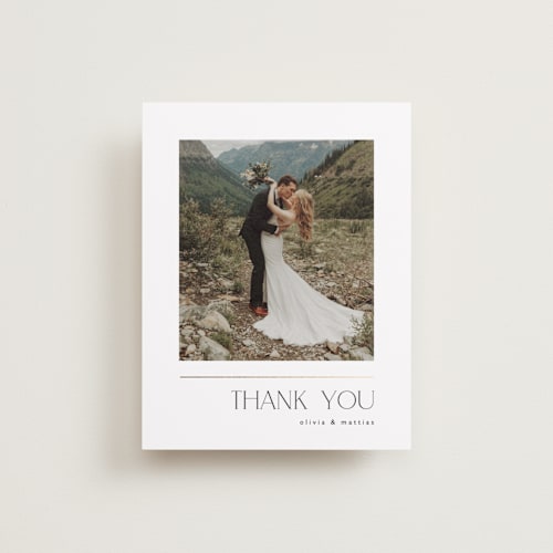 This is a silk wedding thank you cards with foil pressed by Kelly Schmidt called modern corner printing on recycled smooth signature in standard