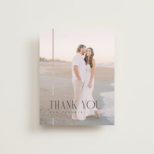 This is a silk wedding thank you cards with foil pressed by Laura Hankins called linear printing on recycled smooth signature in standard