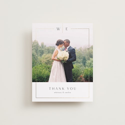 This is a silk wedding thank you cards with foil pressed by Kelly Schmidt called arcadia printing on recycled smooth signature in standard