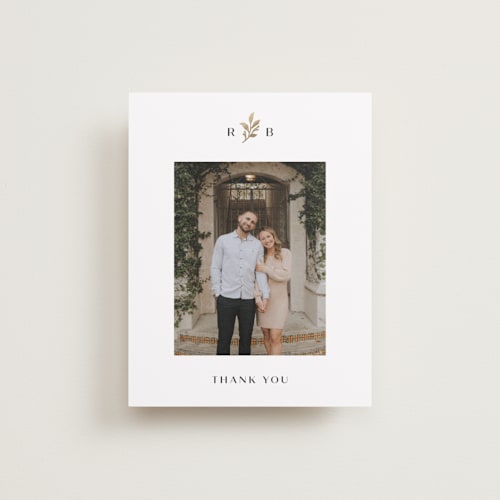 This is a black dahlia wedding thank you cards with foil pressed by Olivia Raufman called petite sprig printing on recycled smooth signature in standard