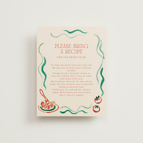 This is a tomato bridal shower insert cards with standard by Cass Loh called amore e cibo printing on signature in standard