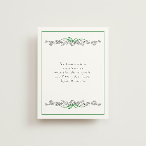 This is a lawn bridal shower insert cards with standard by mo kelley called tied bouquet printing on signature in standard