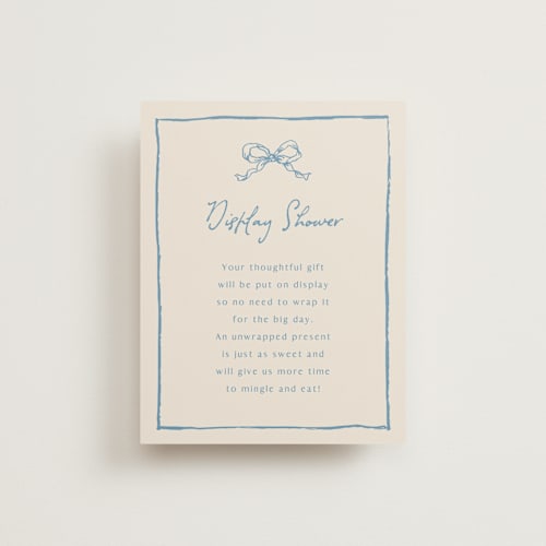This is a dusty blue bridal shower insert cards with standard by Cass Loh called ribbon bow drawing printing on signature in standard