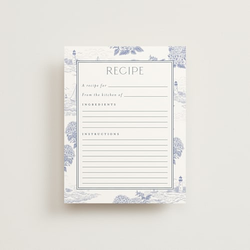 This is a periwinkle bridal shower insert cards with standard by Jenna Holcomb called coastal toile printing on signature in standard