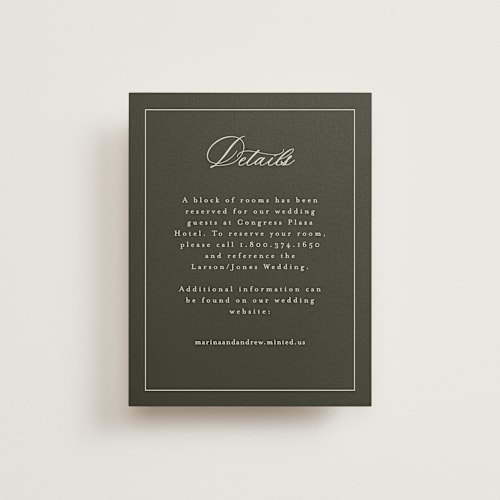 This is a deep olive enclosure cards with standard by Nicole Walsh called refined printing on signature in standard