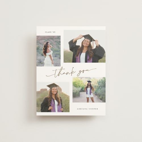 This is a snow graduation thank you cards with foil pressed by Sarah Curry called minimal holiday gallery printing on signature in standard