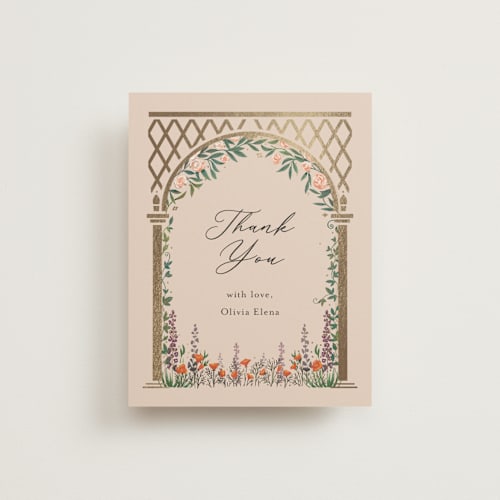 This is a sand graduation thank you cards with foil pressed by Becky Nimoy called victorian trellis printing on signature in standard