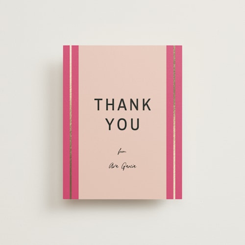 This is a hot pink graduation thank you cards with foil pressed by Ani Somi called ribbon stripes printing on signature in standard