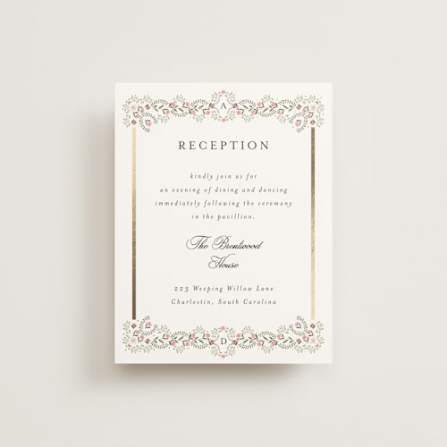 This is a peony foil stamped wedding invitations with foil pressed by Susan Moyal called embrace printing on signature in standard