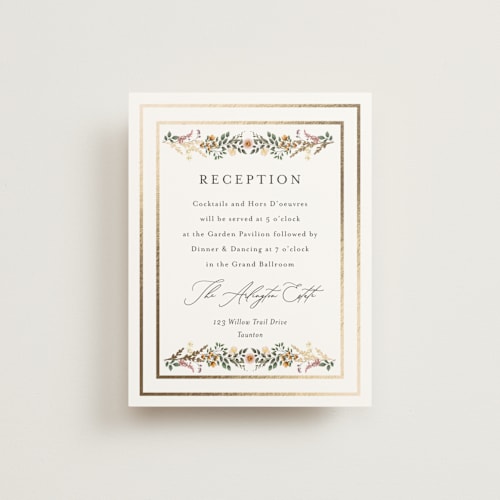 This is a blush foil stamped wedding invitations with foil pressed by Susan Moyal called blooming vine printing on signature in standard