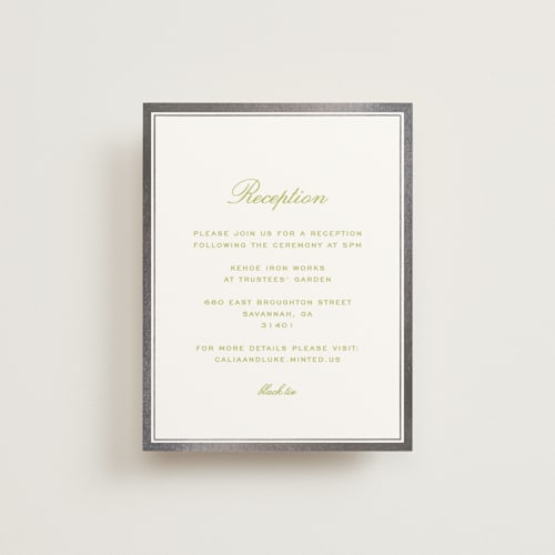 This is a avocado foil stamped wedding invitations with foil pressed by Ani Somi called calia printing on signature in standard