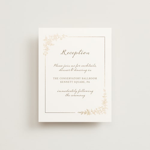 This is a ivory foil stamped wedding invitations with foil pressed by Cass Loh called boho flower crest printing on signature in standard