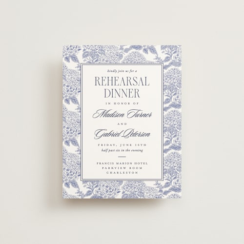 This is a periwinkle reception cards with standard by Jenna Holcomb called southern charm toile printing on signature in standard