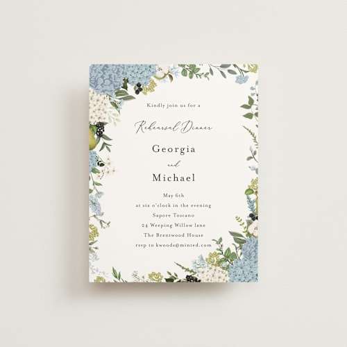 This is a coastal reception cards with standard by Susan Moyal called hydrangea vine printing on signature in standard