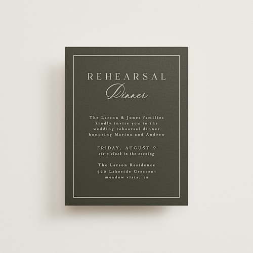 This is a deep olive reception cards with standard by Nicole Walsh called refined printing on signature in standard