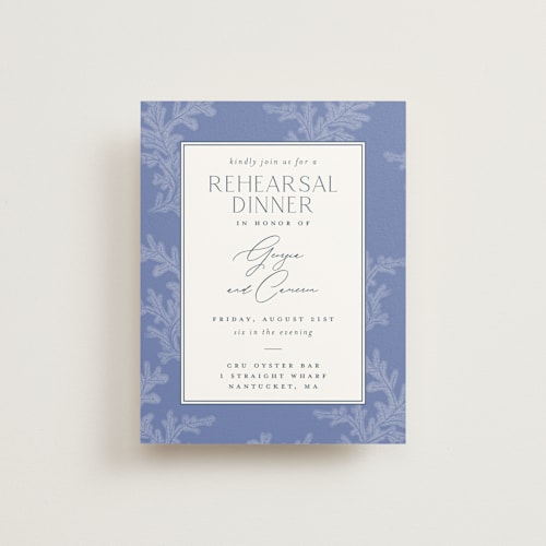 This is a periwinkle reception cards with standard by Jenna Holcomb called coastal toile printing on signature in standard