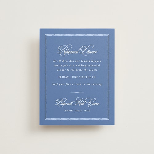 This is a blue mist reception cards with standard by Design Lotus called amalfi blue printing on signature in standard