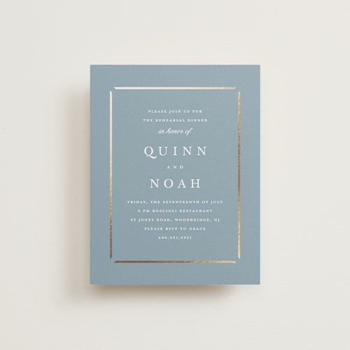 This is a dusty blue enclosure cards with foil pressed by Stacey Meacham called elegant bevel printing on signature in standard