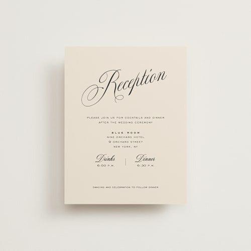 This is a almond reception cards with standard by Eric Clegg called modern romance printing on signature in standard