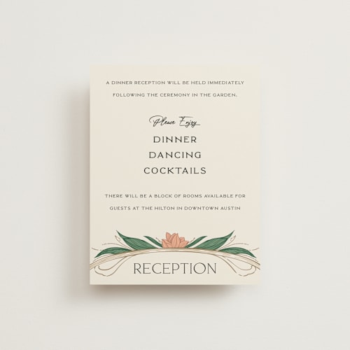 This is a almond reception cards with standard by GeekInk Design called charming printing on signature in standard
