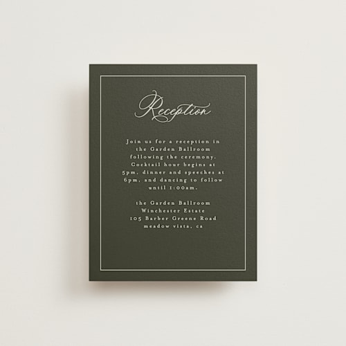 This is a deep olive reception cards with standard by Nicole Walsh called refined printing on signature in standard