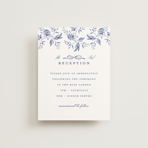 This is a blue willow reception cards with standard by Susan Zinader called daisy toile printing on signature in standard