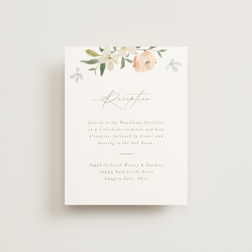 This is a peach reception cards with standard by Everett Paper Goods called garden view printing on signature in standard