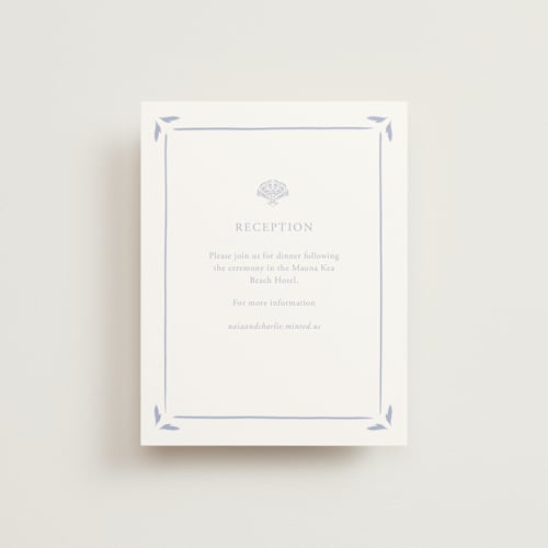 This is a pale cerulean reception cards with standard by Sabrin Deirani called ocean dreams printing on signature in standard