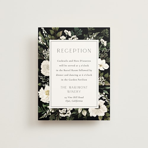 This is a black tie reception cards with standard by Susan Moyal called botanical love printing on signature in standard