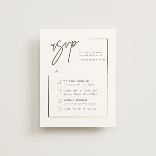 This is a milk white rsvp cards with foil pressed by Robin Ott called balanced printing on signature in standard