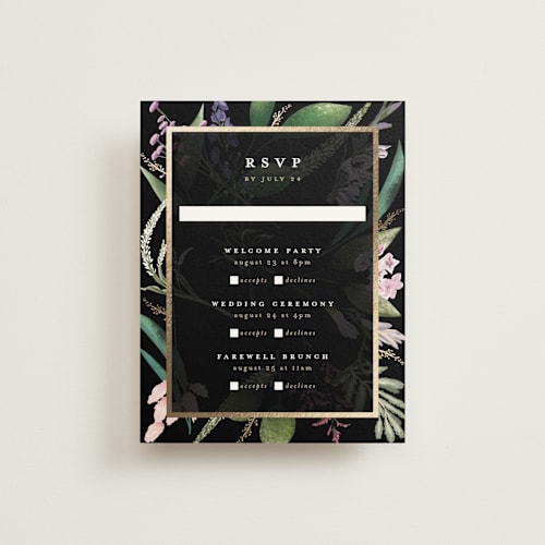 This is a midnight rsvp cards with foil pressed by Susan Moyal called bold bouquet printing on signature in standard