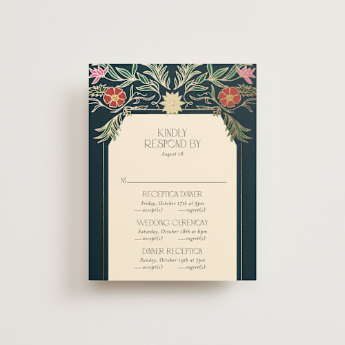 This is a midnight garden rsvp cards with foil pressed by Simona Camp called gilded tapestry printing on signature in standard
