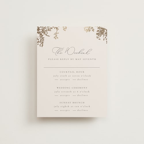 This is a luxe neutral rsvp cards with foil pressed by Design Lotus called forever and a day printing on signature in standard