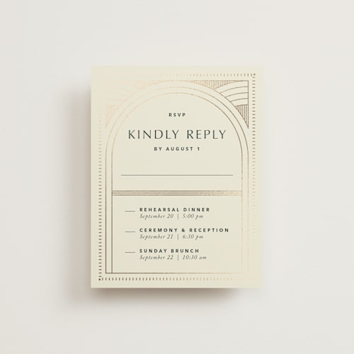 This is a fir rsvp cards with foil pressed by Kindred Fields called deco arch printing on signature in standard
