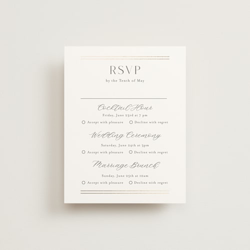 This is a olive rsvp cards with foil pressed by Stacey Meacham called perfect pair printing on signature in standard