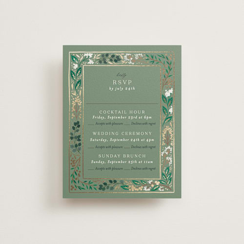 This is a evergreen rsvp cards with foil pressed by Alethea and Ruth called illuminated storybook printing on signature in standard
