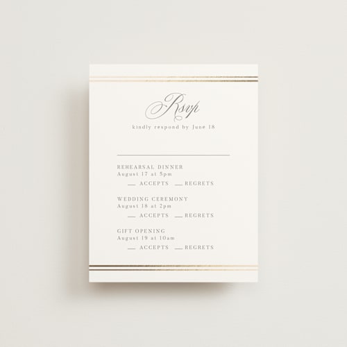 This is a pearl rsvp cards with foil pressed by Nicole Walsh called classic elegance printing on signature in standard