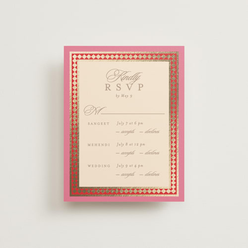 This is a carnation rsvp cards with foil pressed by Creo Study called mandapam printing on signature in standard