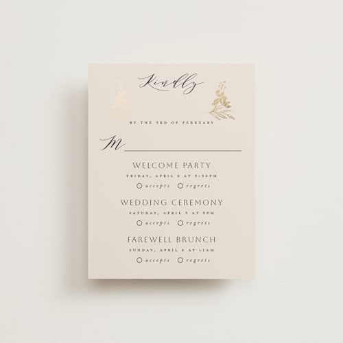 This is a champagne rsvp cards with foil pressed by Leah Bisch called floral border printing on signature in standard