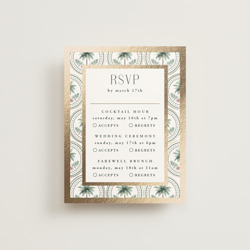 This is a sand rsvp cards with foil pressed by Maria Alou called vintage palms printing on signature in standard