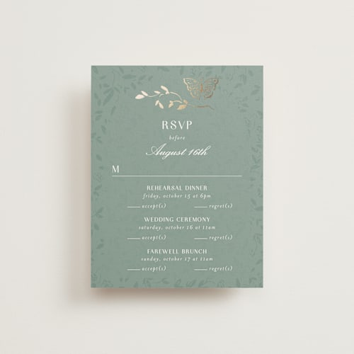This is a eucalyptus rsvp cards with foil pressed by Simona Camp called southern romance printing on signature in standard