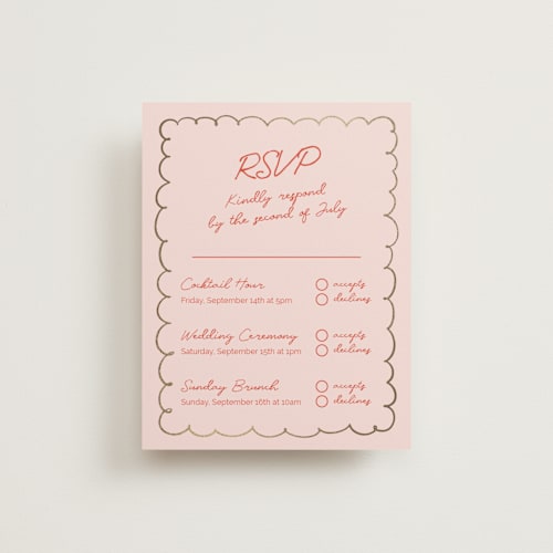 This is a sangria spark rsvp cards with foil pressed by Zove Ahhh called party on! printing on signature in standard