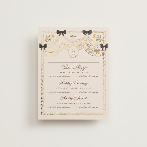 This is a golden rsvp cards with foil pressed by Claudia Orengo called tuileries printing on signature in standard