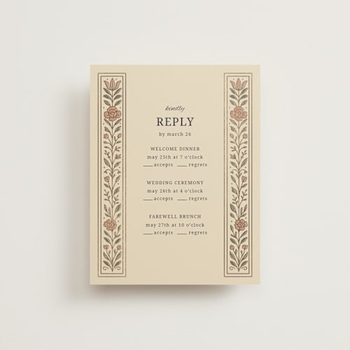 This is a navy rsvp cards with foil pressed by Jessica Beck called botanical tapestry printing on signature in standard