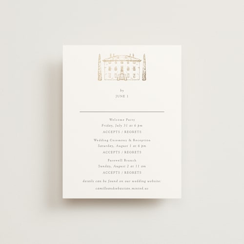 This is a graphite rsvp cards with foil pressed by Melinda Denison called villa balbiano printing on signature in standard