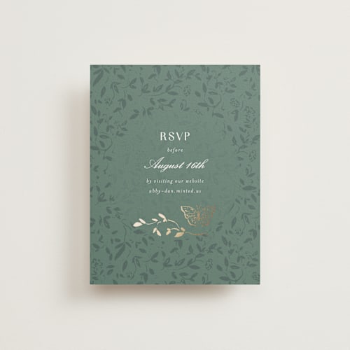 This is a eucalyptus rsvp cards with foil pressed by Simona Camp called southern romance printing on signature in standard