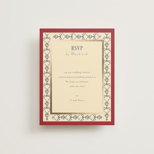This is a navy rsvp cards with foil pressed by Baumbirdy called woven printing on signature in standard