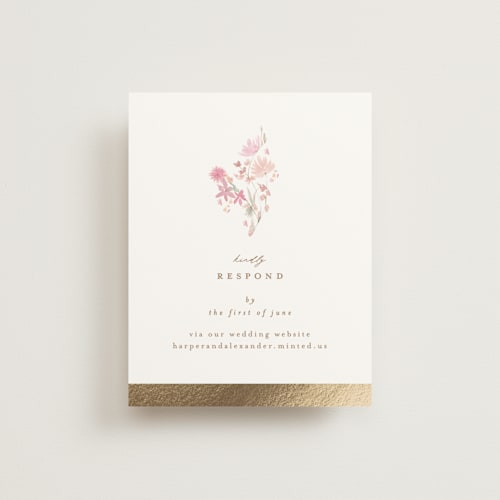 This is a spring rsvp cards with foil pressed by Phrosné Barwood called meadow cross printing on signature in standard